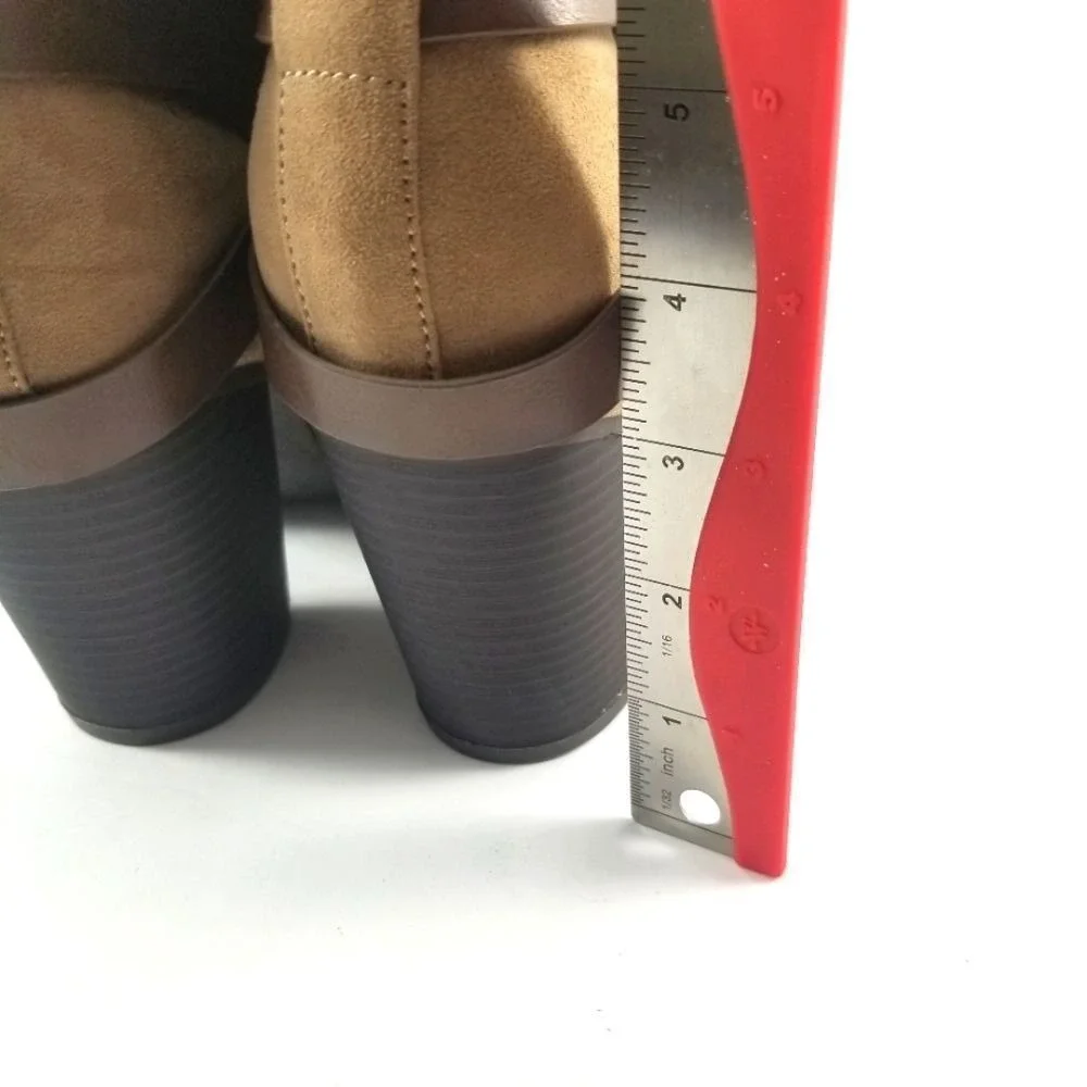 Tan Microfiber Suede Harness Ankle Boots‎ Brown Straps Block Heel 9W